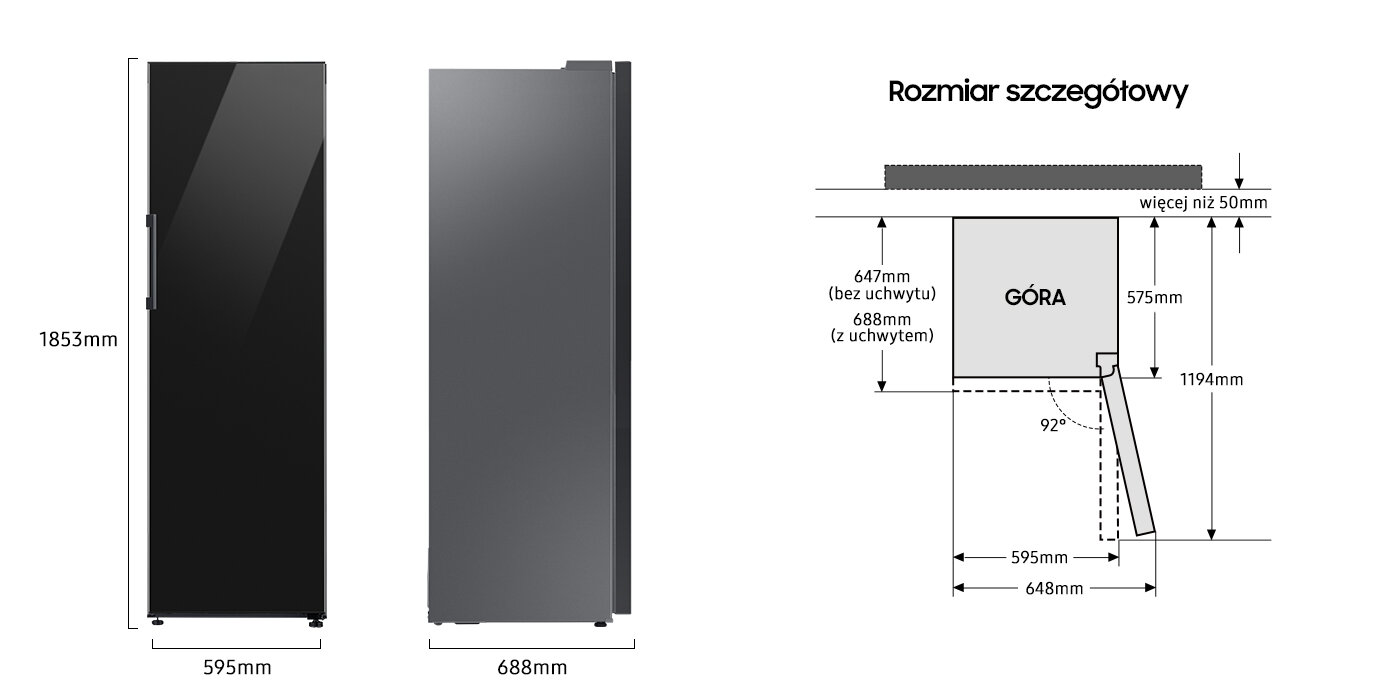 Chłodziarka Samsung Bespoke RR39C76C322 przedstawiona z trzech stron - z przodu, z boku i z góry Chłodziarka Samsung Bespoke RR39C76C322 przedstawiona z trzech stron - z przodu, z boku i z góry