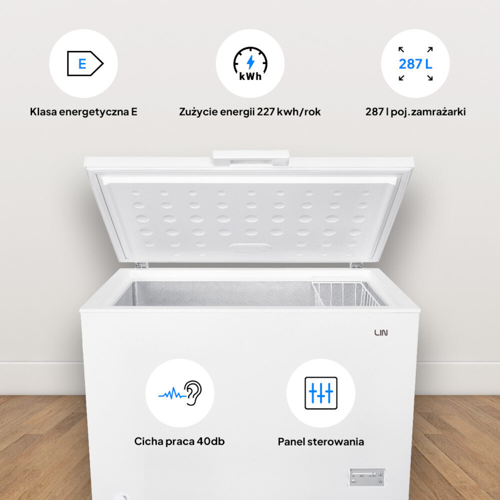 ZAMRAŻARKA LIN LI-BE1-290 wygoda użytkowania cicha praca komfortowe użytkowanie bez hałasu Lampki kontrolne druciany kosz