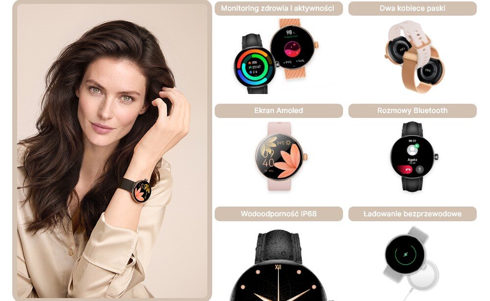 Smartwatch FOREVER Forevive 5 SB-365 ekran bateria czujniki zdrowie sport pasek ładowanie pojemność rozdzielczość łączność sterowanie krew puls rozmowy smartfon aplikacja