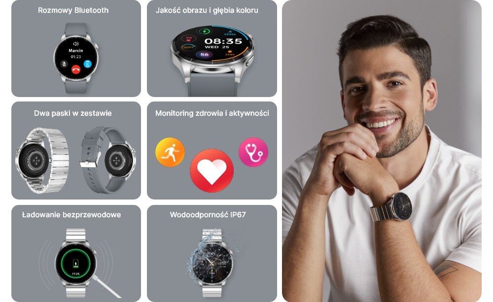 Smartwatch Forever Grand 2 ekran bateria czujniki zdrowie sport pasek ładowanie pojemność rozdzielczość łączność sterowanie krew puls rozmowy smartfon aplikacja