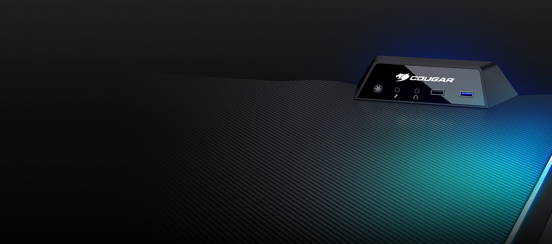 Biurko COUGAR Mars 120 RGB Czarny szerokość 125 cm głębokość 74 cm maksymalne obciążenie 150 kg ergonomiczna krawędź z przodu USB 3.0 typu A, USB 2.0 typu A i gniazda audio regulacja oświetlenia dedykowany
przycisk RGB