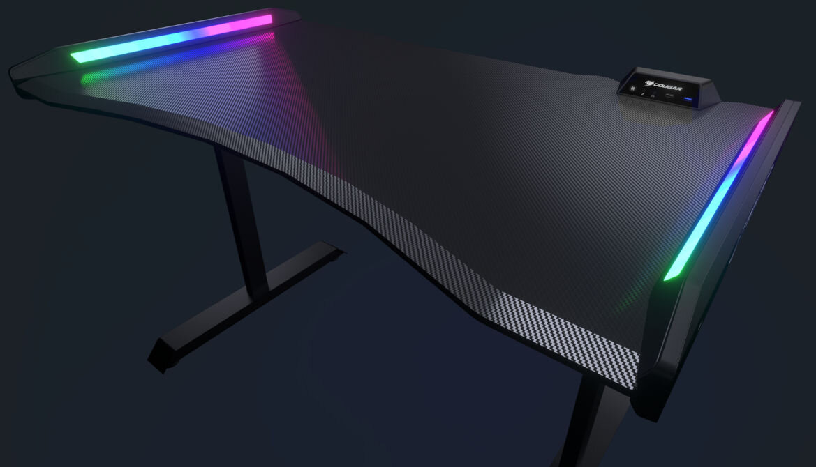 Biurko COUGAR Mars 120 RGB Czarny materiał typu karbon odporny na uszkodzenia, przyjemny w dotyku łatwy do utrzymania w czystości
