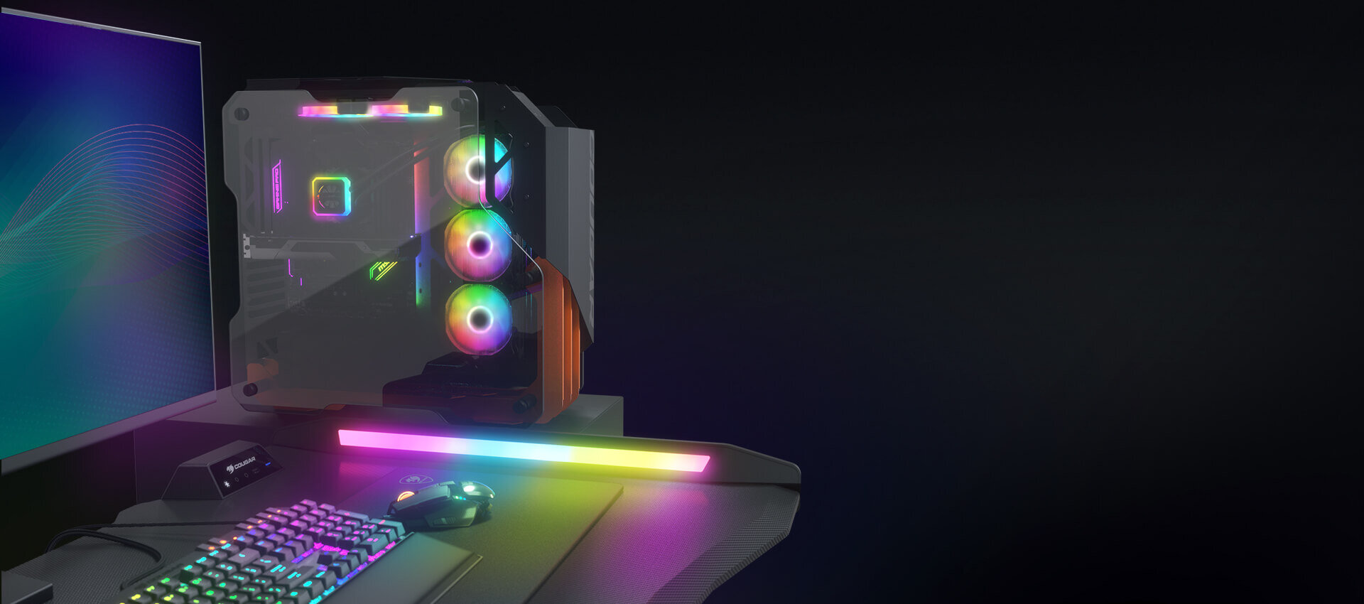 Biurko COUGAR Mars 120 RGB Czarny Pełna kompatybilność ze złączami 5 V na płytach głównych, takich jak Asus Aura Sync, Gigabyte RGB Fusion, MSI Mystic Light Sync i ASRock Polychrome Sync pełna płynna synchronizacja oświetlenia zestawu