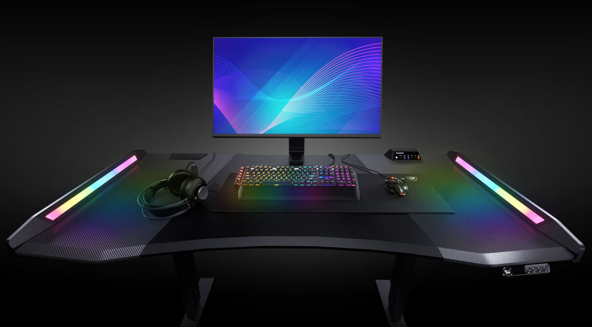 Biurko COUGAR E-Mars-B01 Czarny oświetlenie boczne dwustronne symetryczne paski świetlne RGB Asus Aura Sync, Gigabyte RGB Fusion, MSI Mystic Light Sync i ASRock Polychrome Sync