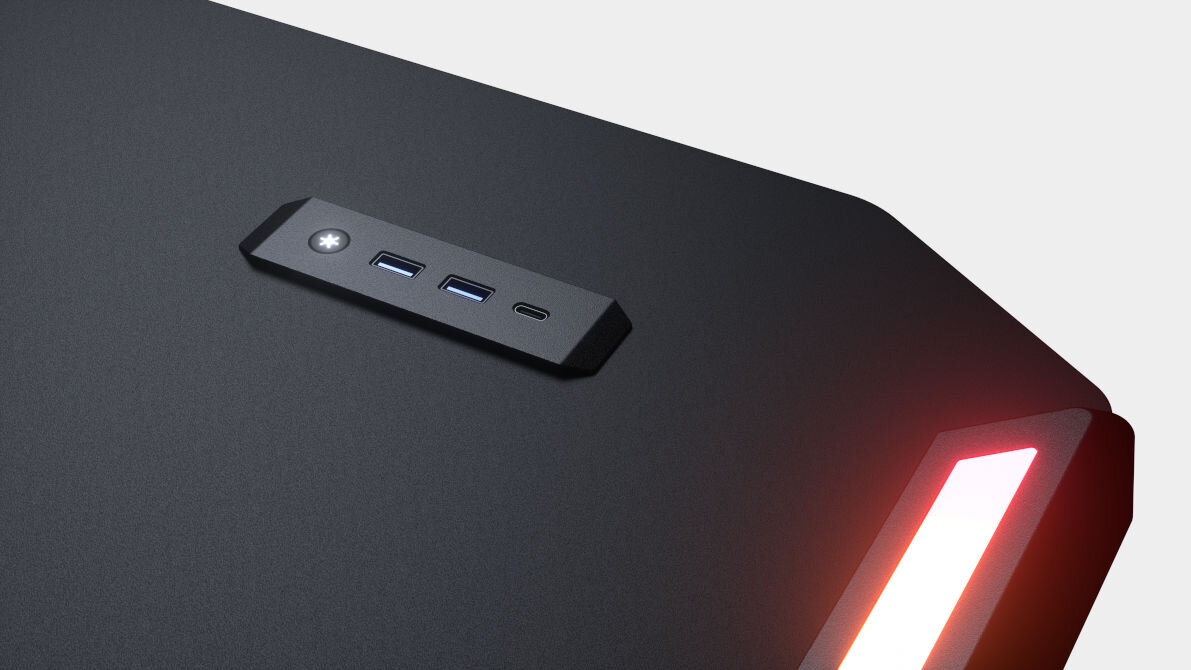 COUGAR Deimus 120 RGB Czarny blat z płyty MDF średniej gęstości elegancki i matowy wygląd odporna na zarysowania wklęsła krawędź specjalne korytko na kable złącze USB 3.0 typu A i USB typu C