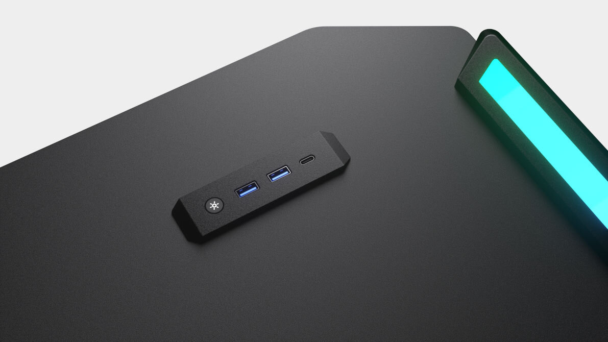 Biurko COUGAR CGR E-Deimus120-B01 Czarny złącze USB 3.0 typu C dwa złącza USB 3.0 typu A materiał MDF profilowana krawędź z przodu przycisk RGB wytrzymałość do 80 kg waga całkowita 27,3 kg