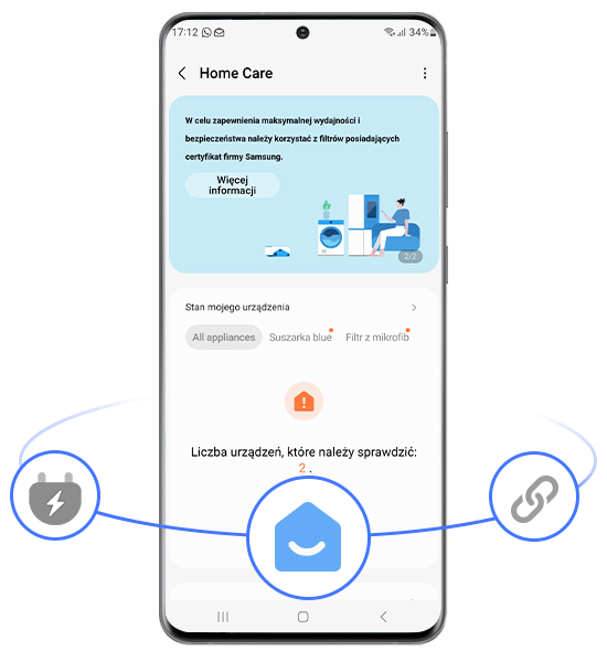 SmartThings Home Care w aplikacji pralki WW80CGC04DAE marki Samsung 