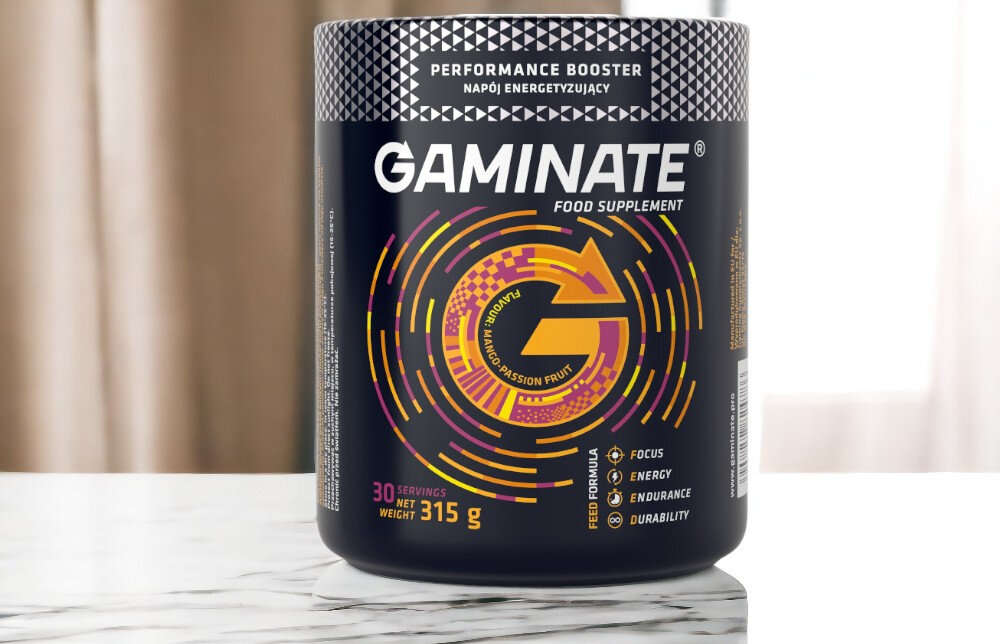 Suplement na koncentracje GAMINATE Energy Mango-marakuja 315 g kompleks witamin B B1 B12 B2 B6 witamina E woda kokosowa natychmiastowe dzialanie po kilku minutach od spozycia mieszanki dzialanie dlugofalowe odczuwalne po kilkutygodniowej suplementacji
