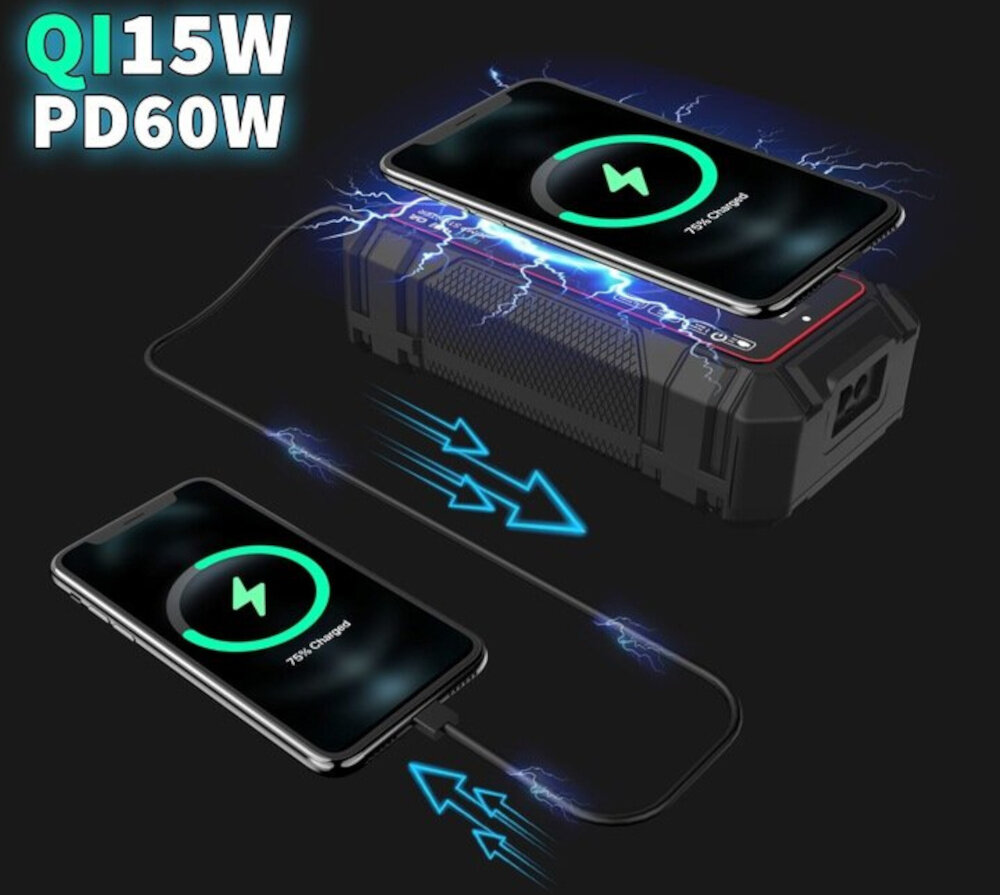Urządzenie rozruchowe MBG LINE A37 Max urządzenie ładujące telefony wejścia USB-A i USB-C funkcja bezprzewodowego ładowania QI do 15 W ładowanie bez potrzeby podłączania kabli wygodne i efektywne zasilanie