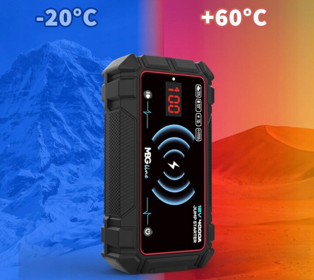 Urządzenie rozruchowe MBG LINE A37 Max urządzenie na tle z widocznym zaznaczeniem temperatur wymiary 209 × 107 × 56,4 mm łatwe w przechowywaniu i transport zakres temperatur pracy od -20°C do +60°C uruchamianie silników o dużej pojemności odporności na ekstremalne temperatury