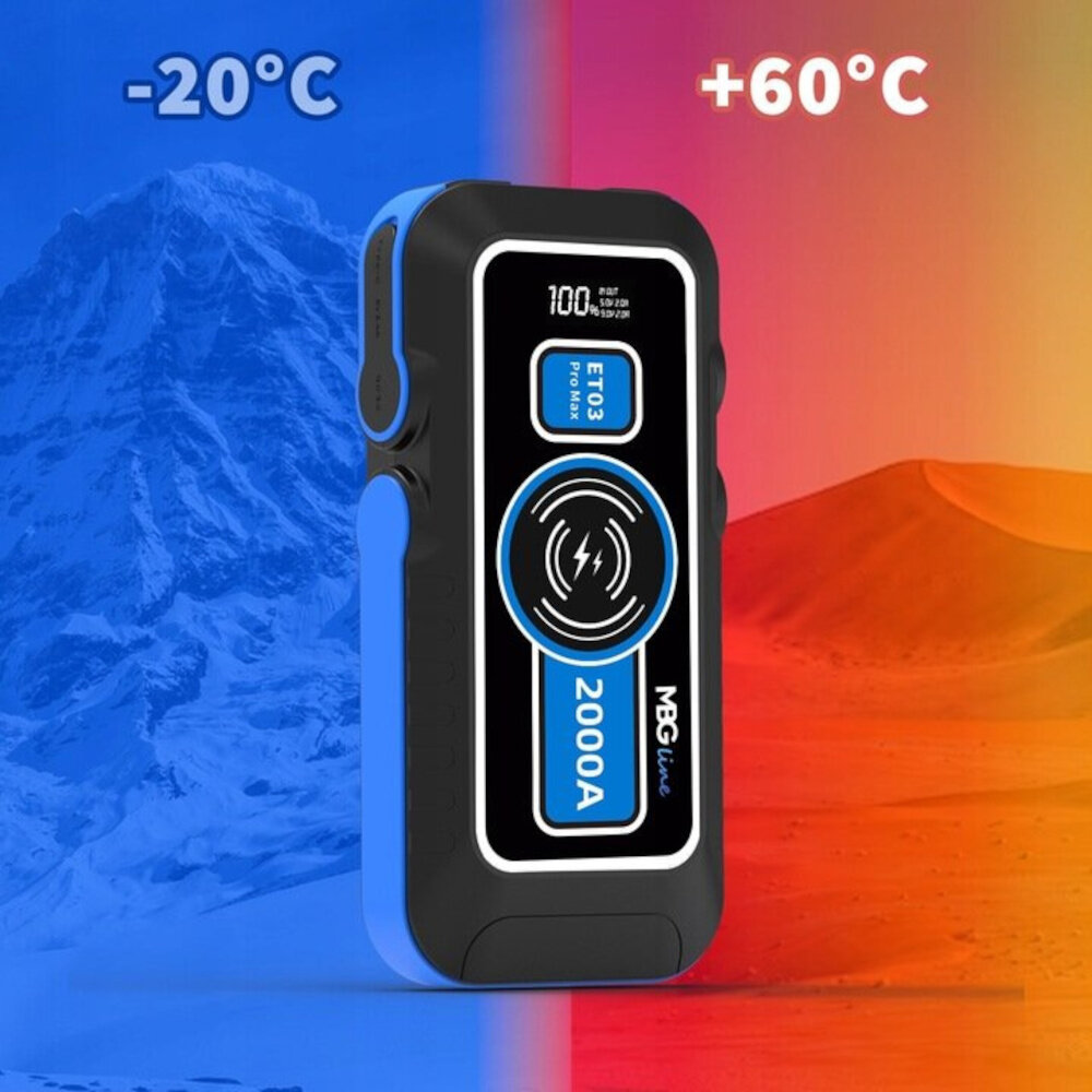 Urządzenie rozruchowe MBG LINE ET03 Pro urządzenie na tle z widocznym zaznaczeniem temperatur wymiary 19.5 x 8.8 x 3.7 cm łatwe w przechowywaniu i transport zakres temperatur pracy od -20°C do +60°C uruchamianie silników o dużej pojemności odporności na ekstremalne temperatury