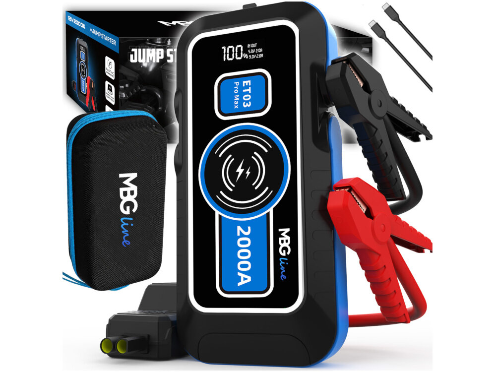 Urządzenie rozruchowe MBG LINE ET03 Pro zdjęcie całego zestawu zawartość zestawu urządzenie etui kabel USB-A/USC-C długość 1 metr kable rozruchowe dokumentacja