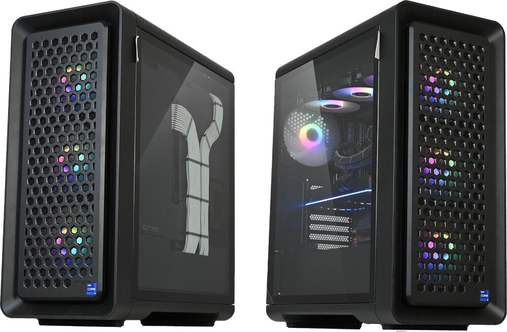 Komputer NTT HIRO AirFrame ZKG-I9R4070SH-T24 Dwa ujęcia komputera. Jedno przedstawia komputer z boku, z przezroczystym panelem, przez który widoczne są karta graficzna i okablowanie. Drugie pokazuje front z metalową siatką o wzorze plastra miodu, przez którą widać kolorowe podświetlenie, opis