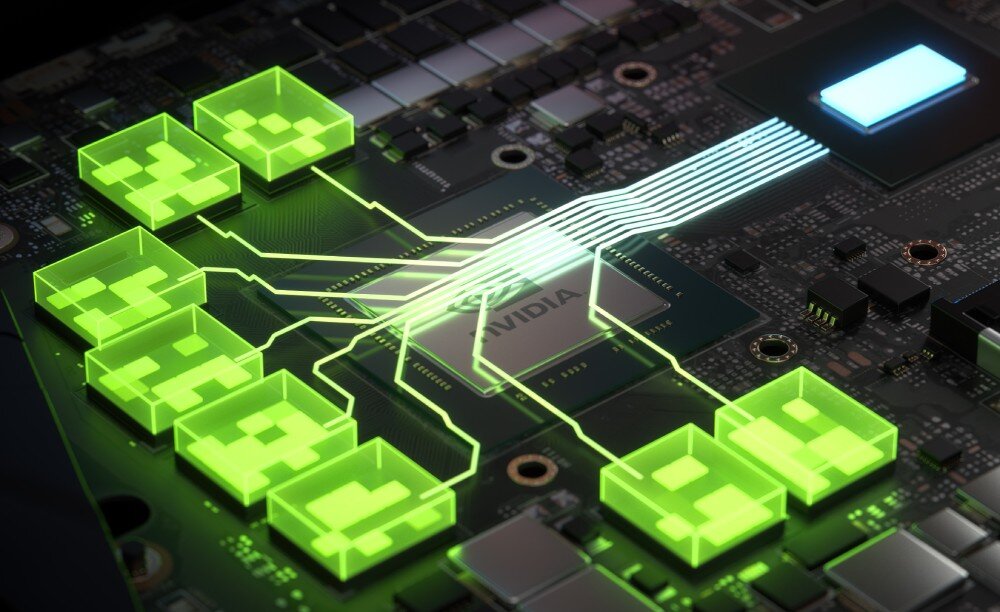 Komputer NTT HIRO AirFrame ZKG-I9R4070SH-T24 Graficzna ilustracja układu scalonego z widocznym logo NVIDIA, od którego odchodzą zielone, świecące ścieżki prowadzące do różnych komponentów, symbolizujących moduły pamięci lub obliczenia graficzne, karta graficzna grafika jakość technologie