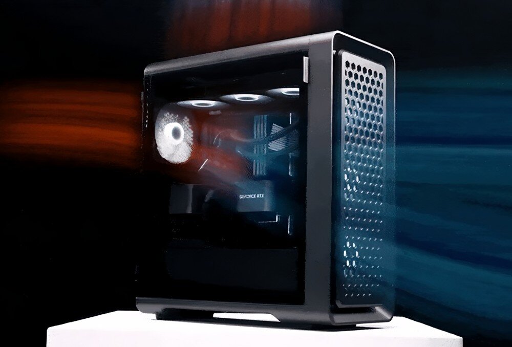 Komputer NTT HIRO AirFrame ZKG-I9R4070SH-T24 Wizualizacja obudowy komputera, pokazująca przepływ powietrza – zimne powietrze oznaczone na niebiesko wpada do środka z przodu, natomiast ciepłe oznaczone na czerwono opuszcza obudowę z tyłu i góry, chłodzenie wentylacja temperatura