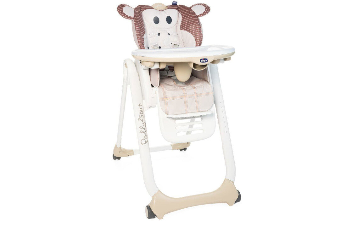 Krzesełko do karmienia CHICCO Polly 2 Start Monkey Beżowy rozkładane oparcie miękka wkładka Regulowane boki wygoda bezpieczeństwo komfort