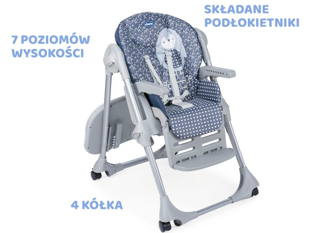 Krzesełko do karmienia CHICCO Polly Easy Niebieski niemowlak starsze dziecko mozliwość regulacja każdego elementu dostosowanie wysokość siedziska regulacja siedem poziomów ustawienie podnóżka trzy różne pozycje kąt nachylenia oparcia pozycja tacki dopasowanie maksymalny komfort 
