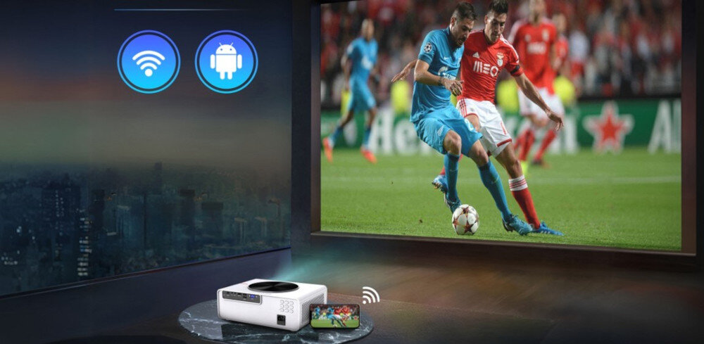 Projektor EXTRALINK Smart Life Vision Max - Wszechstronne możliwości, projektor wyświetla obraz na ekranie projekcyjnym, ikonki androida i Wi-Fi