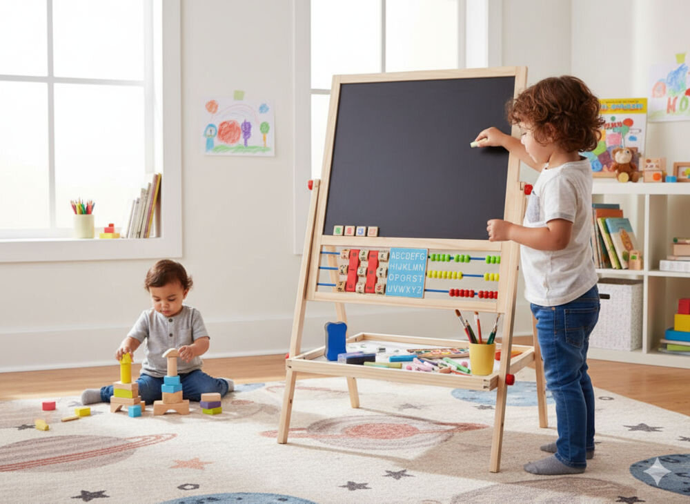 Tablica magnetyczna EXTRALINK EX.32976 Dwoje dzieci bawiących się w jasnym pokoju: chłopiec rysuje kredą na czarnej stronie stojącej tablicy dwustronnej, a młodsze dziecko układa drewniane klocki na dywanie z motywem kosmosu.