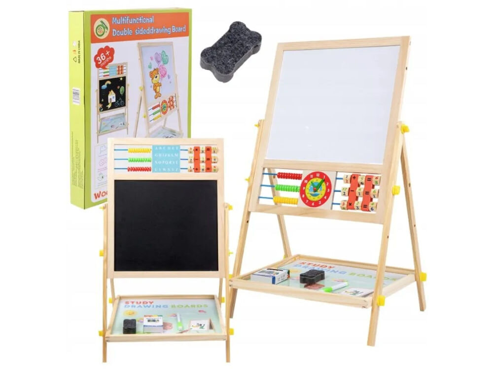 Tablica magnetyczna EXTRALINK EX.32976 Prezentacja zestawu tablicy dwustronnej (kredowo-magnetycznej) z półką na akcesoria, gąbką do ścierania oraz oryginalnym kolorowym opakowaniem produktu.