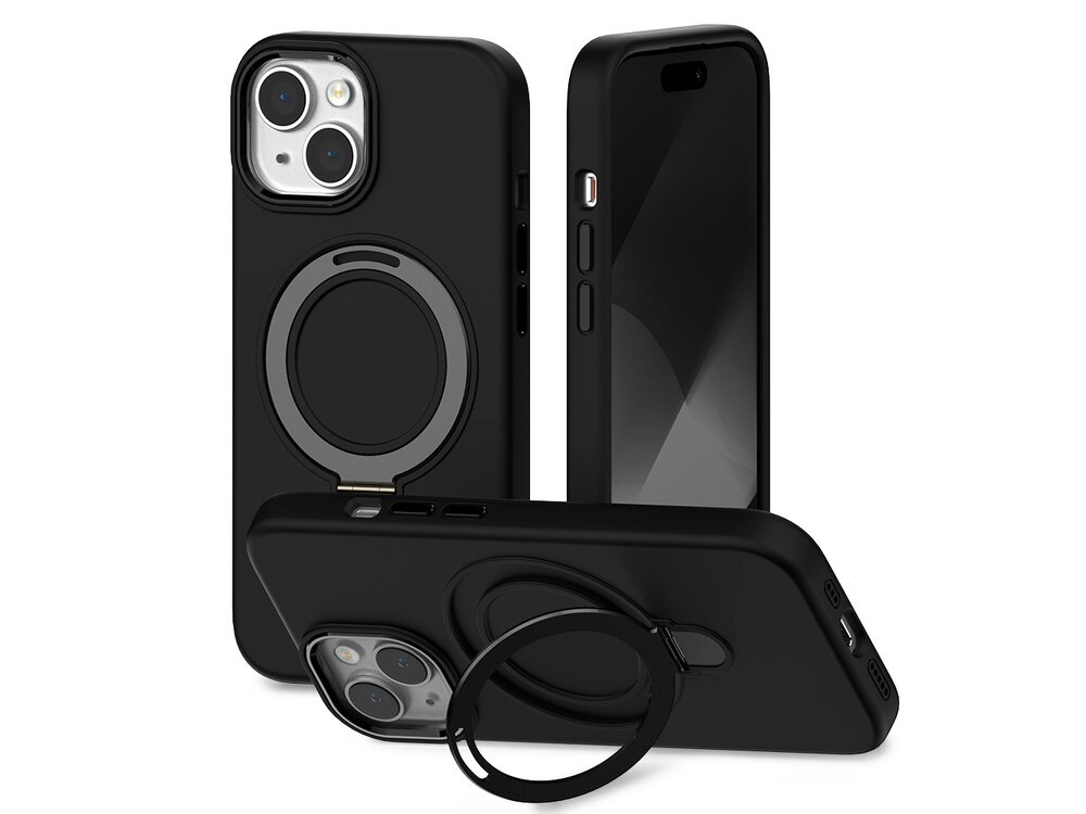 Na obrazie widoczne są trzy czarne etui na telefon z okrągłym uchwytem z tyłu. Etui mają wycięcia na aparat i przyciski boczne.