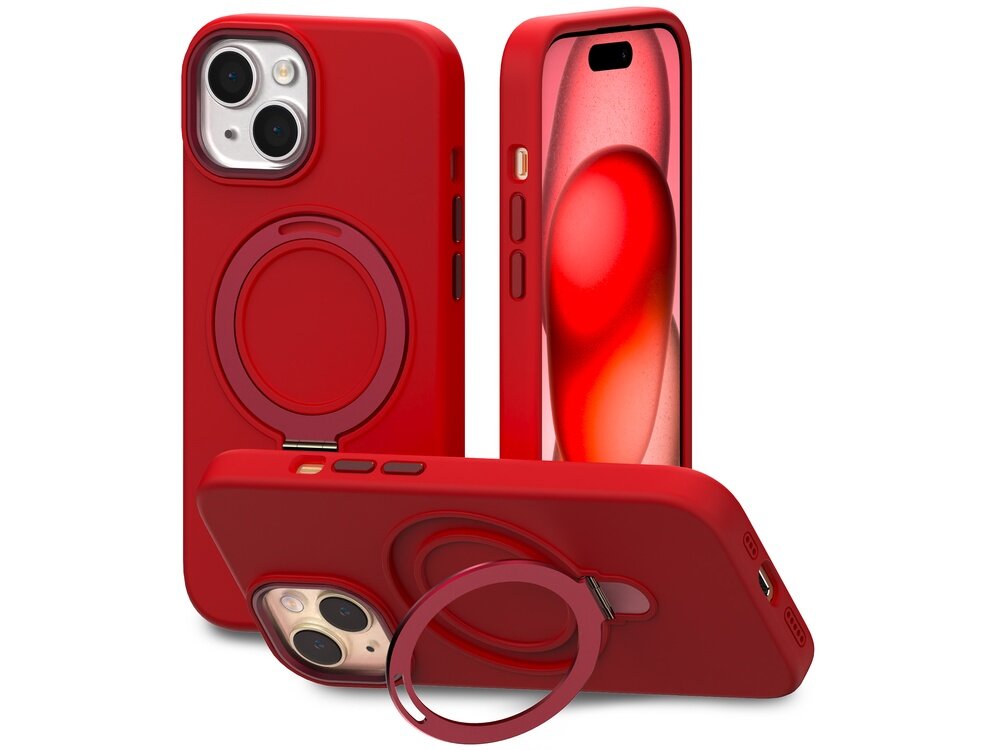 Czerwone etui na telefon z funkcją stojaka i obsługą MagSafe, przeznaczone dla Apple iPhone 15. Etui posiada wycięcia na aparat i przyciski oraz okrągły uchwyt na tylnej części.