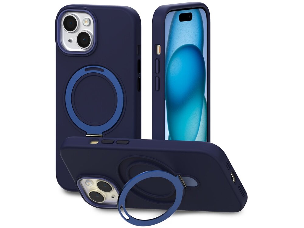 Na obrazie widoczne jest niebieskie etui na telefon z funkcją MagSafe, przeznaczone do Apple iPhone 15. Etui posiada okrągły uchwyt z tyłu oraz wycięcia na aparat i przyciski.
