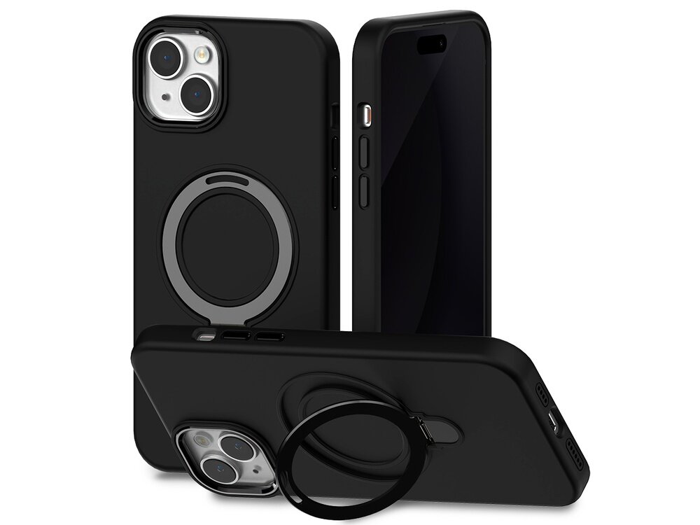 Na obrazie widoczne jest czarne etui na telefon z okrągłym uchwytem na tylnej części. Etui jest pokazane z różnych perspektyw, prezentując otwory na aparat i przyciski boczne.