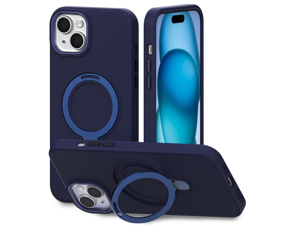 Na obrazie widoczne jest niebieskie etui na telefon z funkcją MagSafe, przeznaczone do Apple iPhone 15 Plus. Etui ma okrągły wzór na tylnej części i wycięcia na aparat oraz przyciski.