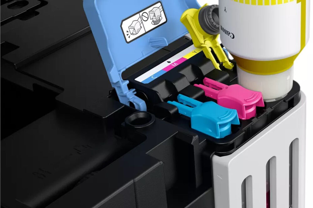 Urządzenie wielofunkcyjne CANON Maxify GX5540 Druk w kolorze, Automatyczny druk dwustronny, Wi-Fi prezentacja uzupełniania tuszu w drukarce wydajność atramentu wydłużenie czasu pracy brak potrzeby martwienia się o częste przerwy