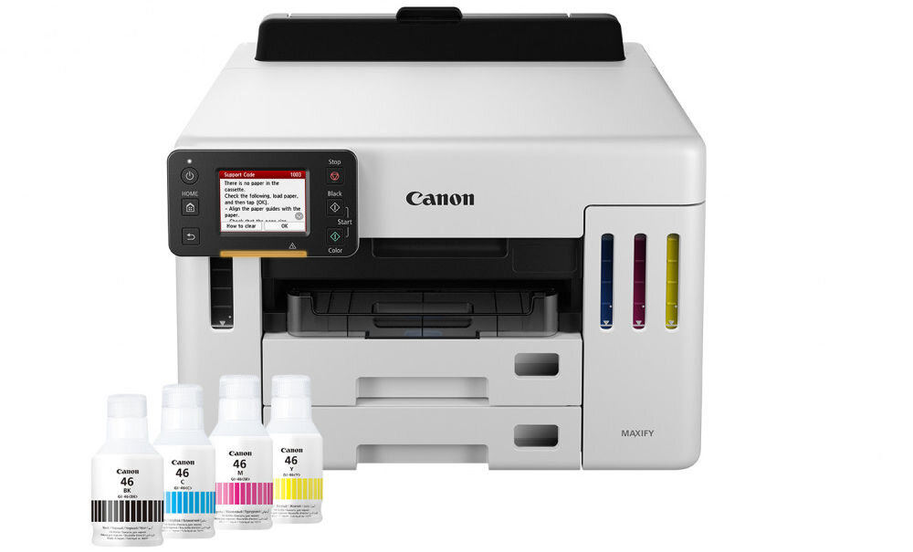 Urządzenie wielofunkcyjne CANON Maxify GX5540 Druk w kolorze, Automatyczny druk dwustronny, Wi-Fi prezentacja drukarki i butelek z atramentem na białym tle pełne butelki w zestawie