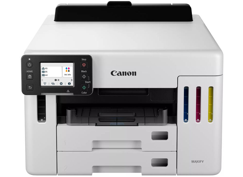 Urządzenie wielofunkcyjne CANON Maxify GX5540 Druk w kolorze, Automatyczny druk dwustronny, Wi-Fi prezentacja urządzenia od przodu na białym tle przeznaczenie cechy zalety zbiornik na atrament dokumenty etykiety koperty niski całkowity koszt