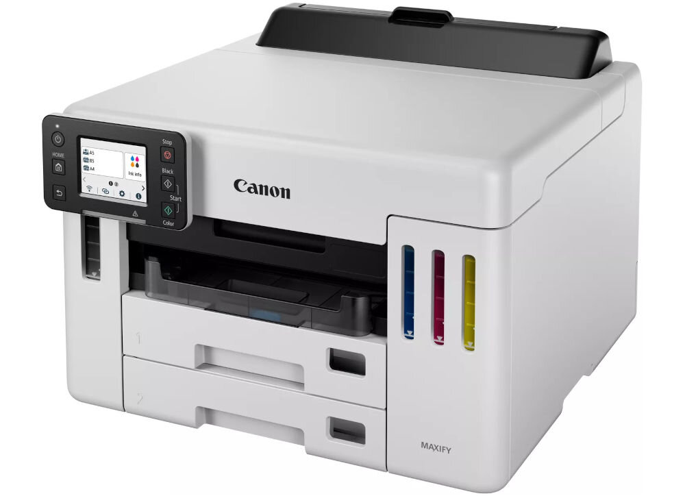 Urządzenie wielofunkcyjne CANON Maxify GX5540 Druk w kolorze, Automatyczny druk dwustronny, Wi-Fi prezentacja urządzenia pod kątem na białym tle wymiary stabilność