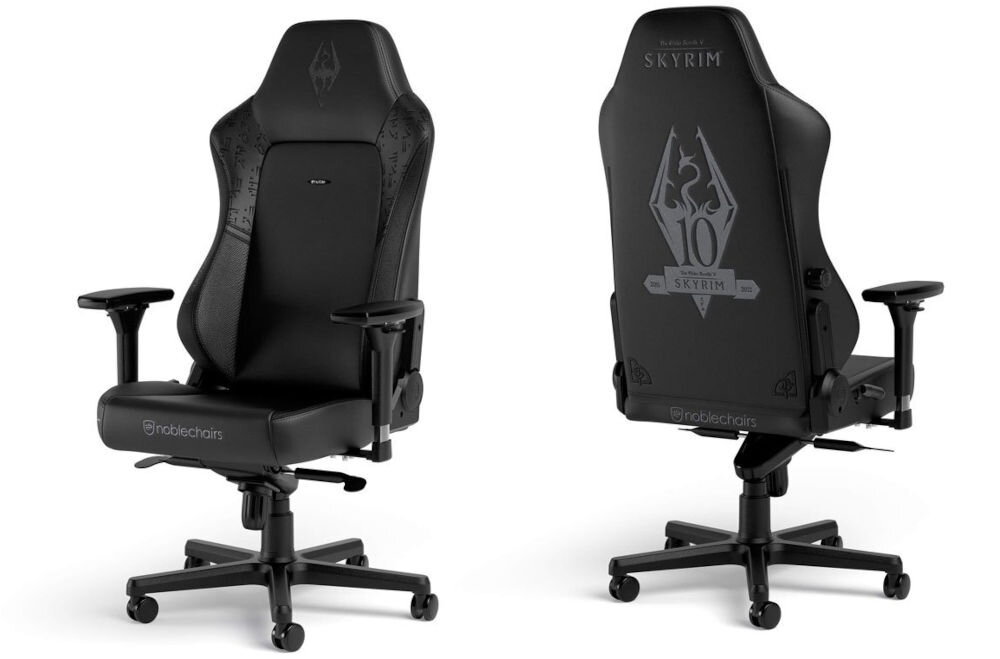 Fotel NOBLECHAIRS Hero The Elder Scrolls V: Skyrim 10th Anniversary Edition Czarny prezentacja fotela od przodu i tyłu na białym tle