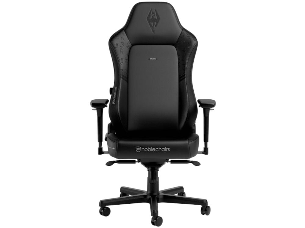 Fotel NOBLECHAIRS Hero The Elder Scrolls V: Skyrim 10th Anniversary Edition Czarny prezentacja fotela od przodu na białym tle projektowany z graczami, ergonomia dla e-sportu