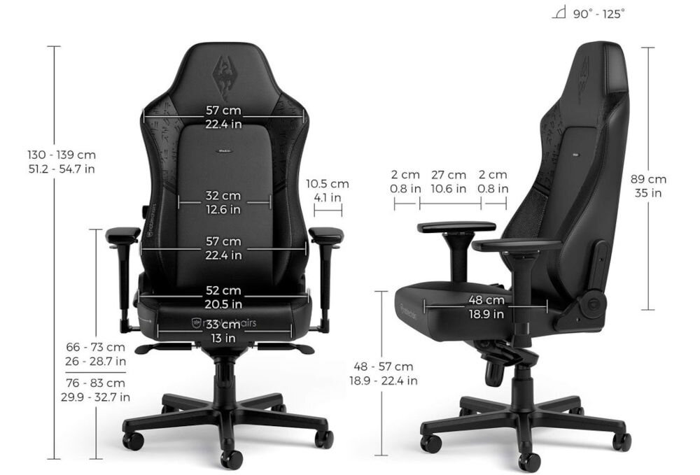Fotel NOBLECHAIRS Hero The Elder Scrolls V: Skyrim 10th Anniversary Edition Czarny prezentacja fotela od przodu i boku z wymiarami wymiary 130–139 cm wysokości, 52×48 cm siedzisko, 89 cm oparcie, 90–125° nachylenia, regulowane podłokietniki ergonomia komfort wparcie pleców