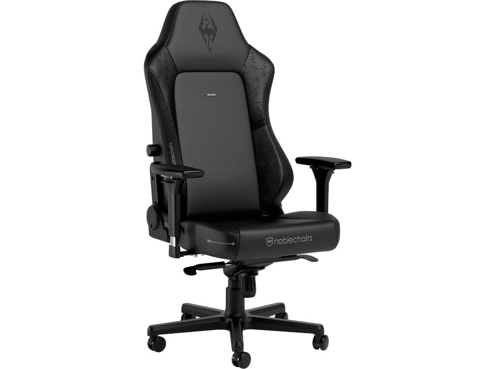 Fotel NOBLECHAIRS Hero The Elder Scrolls V: Skyrim 10th Anniversary Edition Czarny prezentacja fotela od przodu pod kątem na białym tle pianka dużej gęstości równomierne rozłożenie nacisku długotrwały komfort