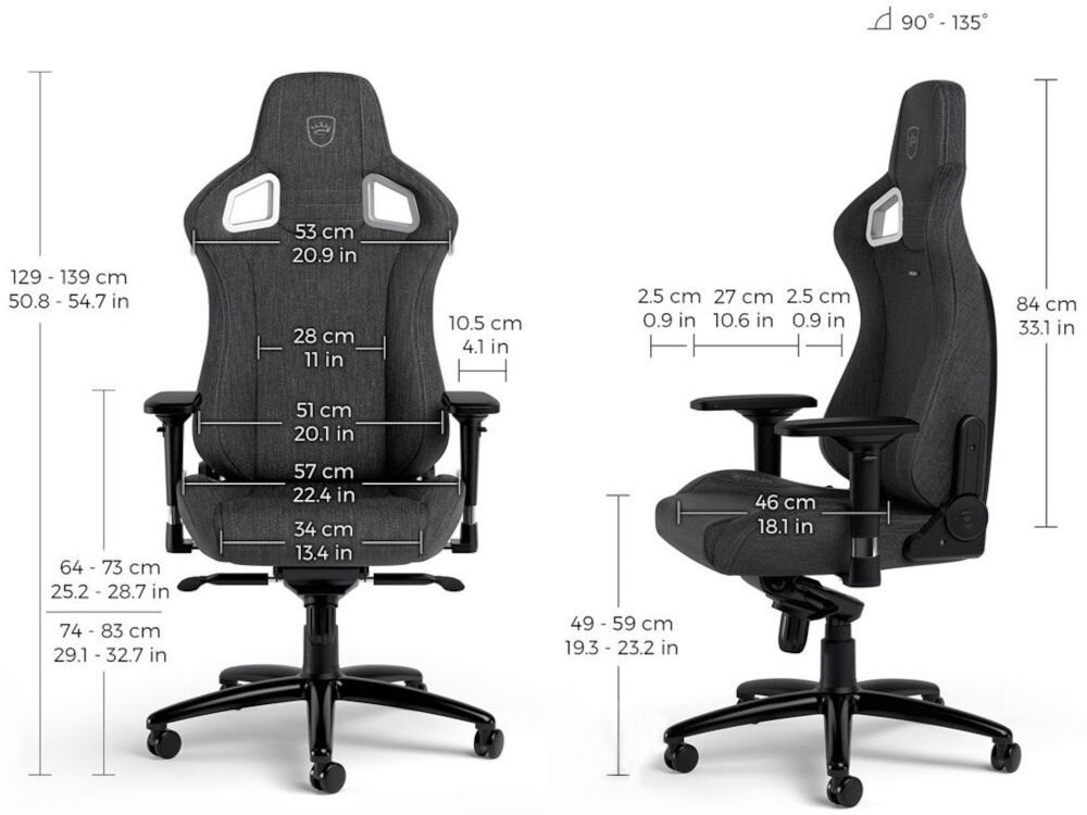 Fotel NOBLECHAIRS Epic TX Antracynt prezentacja fotela od przodu i boku z wymiarami wymiary wysokość siedziska szerokość oparcia głębokość ergonomia komfort