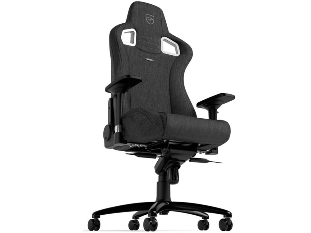 Fotel NOBLECHAIRS Epic TX Antracynt prezentacja fotela od przodu pod kątem od dołu na białym tle wielokrotnie nagradzany fotel gamingowy European Hardware Award
