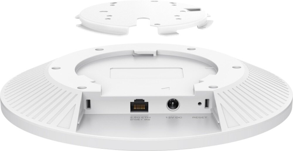 Punkt dostępu TP-LINK EAP670 Tylna część punktu dostępowego z widocznym portem ethernet, gniazdem zasilania, przyciskiem reset oraz zdejmowaną płytką montażową