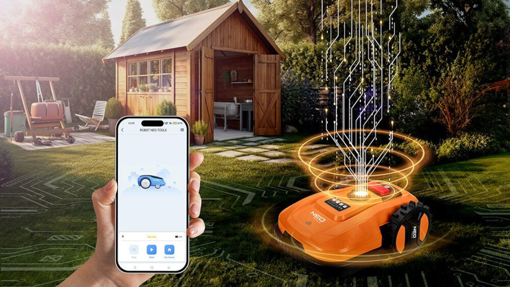 Robot koszący NEO TOOLS 04-621 modul Wi-Fi sterowanie za pomoca aplikaci NEO-TOOLS na systemy Android i iOS pelna kontrola nad robotem panel sterujacy alternatywna metoda zarzadzania bezposrednie manualne sterowanie