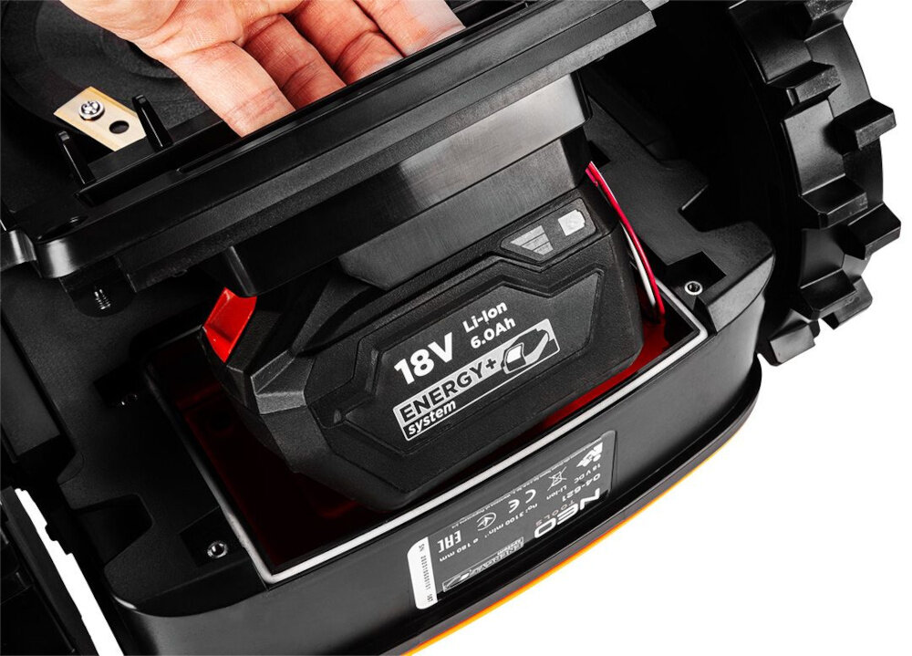 Robot koszący NEO TOOLS 04-621 akumulator Li-Ion seria Energy+ 18 V do ogrodow o powierzchni okolo 600 m2 pokonywanie wzniesien o nachyleniu do 25%
