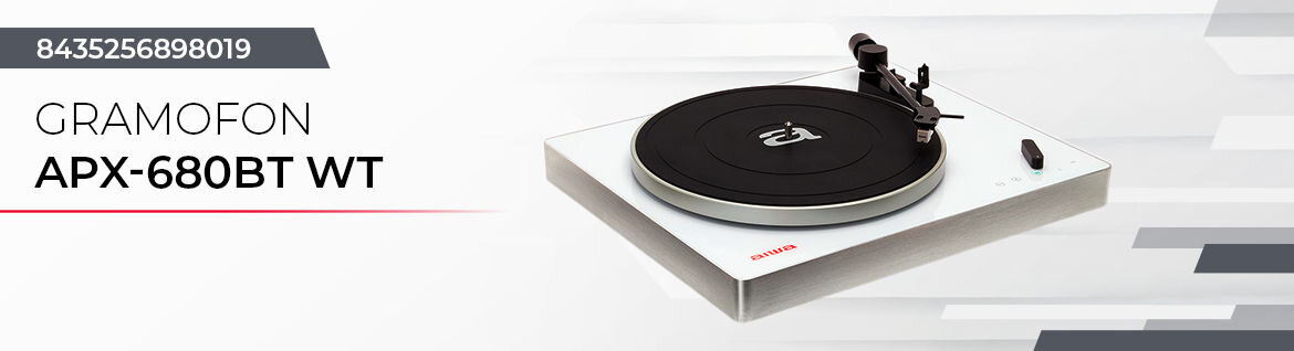 Gramofon AIWA APX-680BT/WT Bluetooth winyle bezprzewodowe analogowe brzmienie, gramofon pod skosem na biało-szarym tle