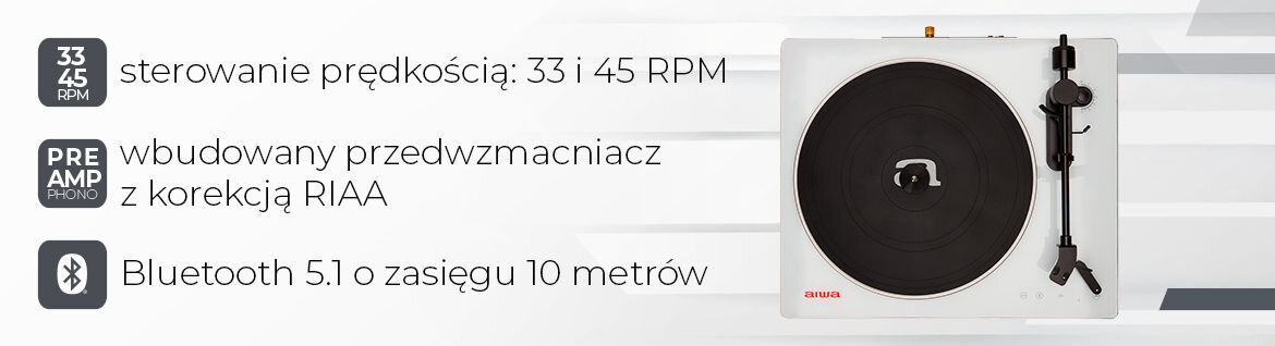 Gramofon AIWA APX-680BT/WT analogowy dźwięk Bluetooth 5.1 bezprzewodowe odtwarzanie, gramofon od góry na biało-szarym tle