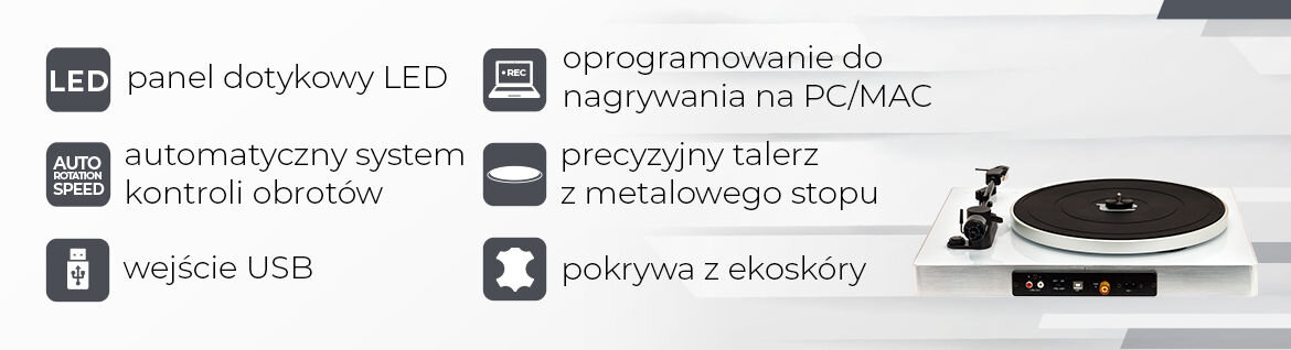 Gramofon AIWA APX-680BT/WT metalowy talerz napęd pasowy precyzja odtwarzania, gramofon od frontu na biało-szarym tle