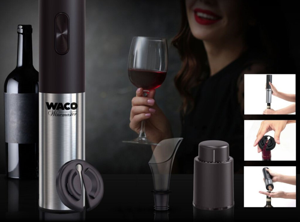 Otwieracz do wina WACO Winemaster Ow7 Łatwe otwieranie butelek Obsługa jednym przyciskiem w około 8 sekund Automatyczny otwieracz kompatybilny z większością szyjek i korków