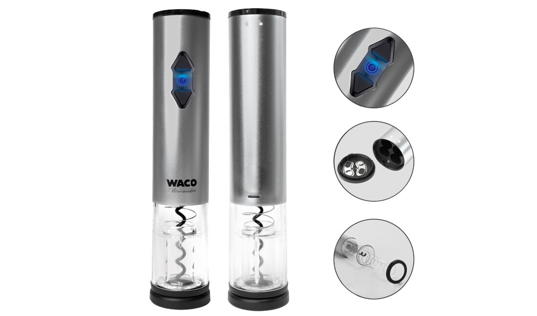 Otwieracz do wina WACO Winemaster Ow5 Wydajne zasilanie bateryjne Zasilanie czterema bateriami AA (brak w zestawie) do 120 otwarć na jednym komplecie Minimalistyczna forma