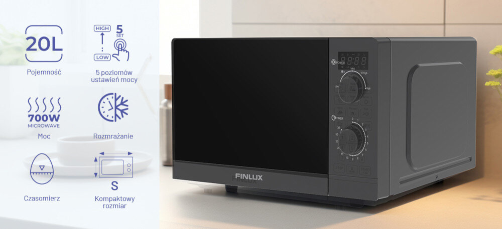 KUCHNIA MIKROFALOWA FINLUX F-MSB200BL pojemna rozmrażanie podgrzewanie poziomy mocy 5