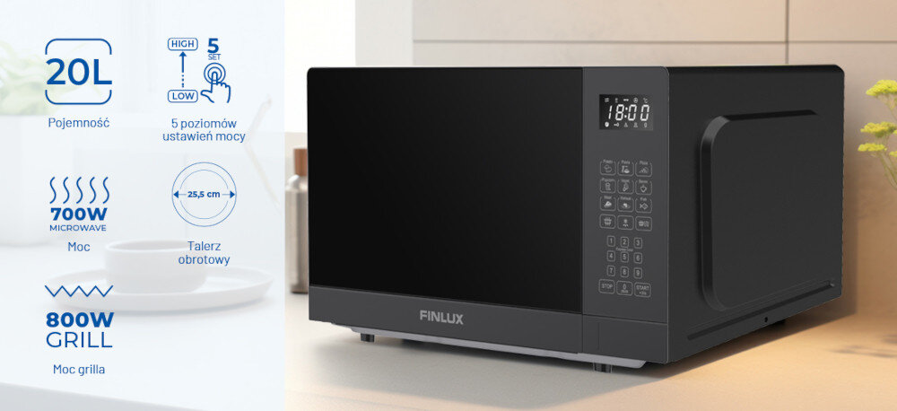 KUCHNIA MIKROFALOWA FINLUX F-MGE200BL rozmiar Kompaktowa pojemna wnętrze