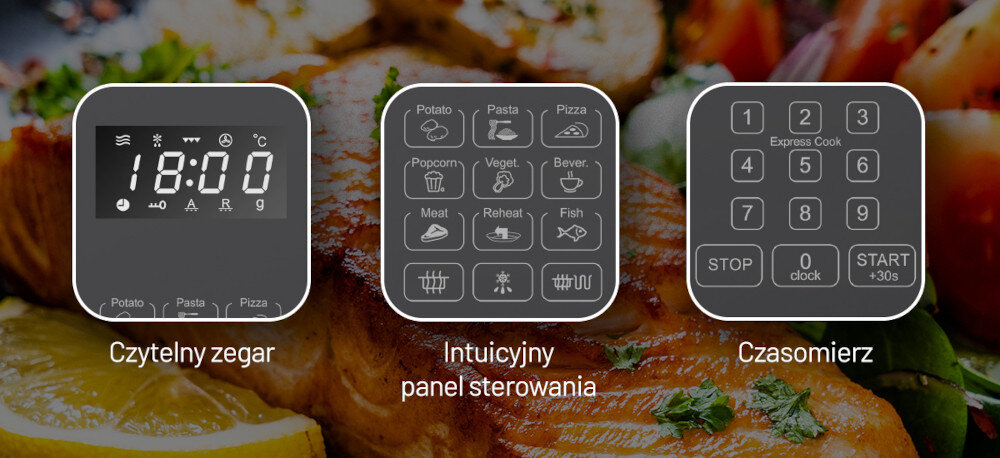 KUCHNIA MIKROFALOWA FINLUX F-MGE200BL panle sterowanie obsługa wyświetlacz zegar czas timer godzina